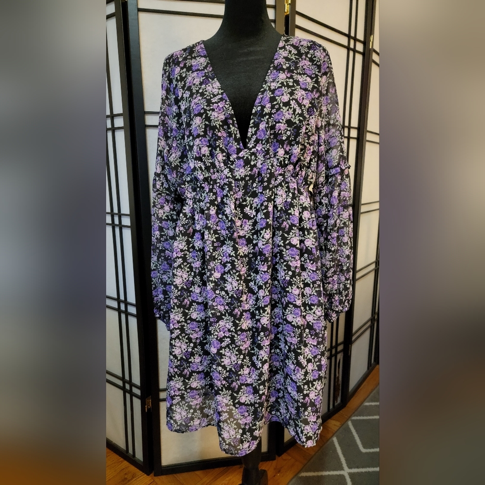 Divided H&M Purple Floral Print Dress V Neck Long Sleeve